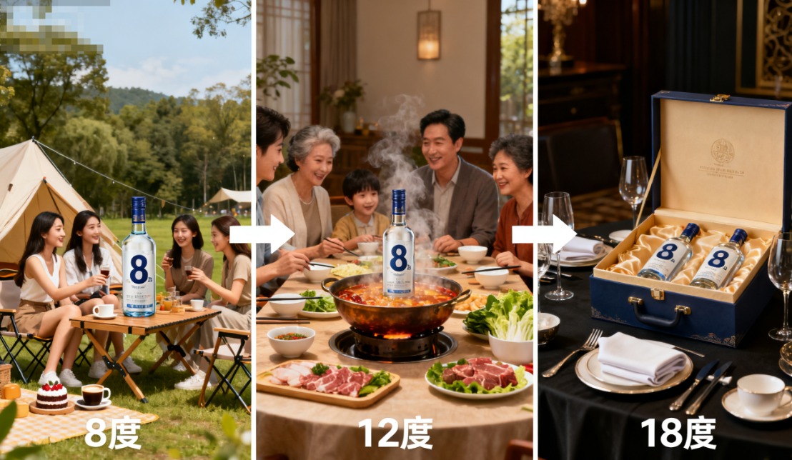 对应适合的图片建议 度数系列展示图：并排摆放 8 度、12 度、18 度三款青梅酒瓶，瓶身贴清晰度数标签，背景点缀新鲜青梅和绿叶，下方配文字 “8-18% vol 全度数可选”。 场景适配图：左侧 8 度款搭配露营装备 / 闺蜜下午茶场景，中间 12 度款搭配家庭餐桌 / 火锅场景，右侧 18 度款搭配宴请礼盒场景，用箭头标注对应度数。 品质背书图：特写酒瓶配料表 + SC 认证证书一角，用红色框突出 “纯果发酵”“无添加酒精” 字样，角落标注酒厂 Logo。 拿货场景图：工作人员打包 1 件混装青梅酒（含不同度数），箱子上贴 “1 件起拿”“支持混拿” 醒目贴纸，背景简约干净。